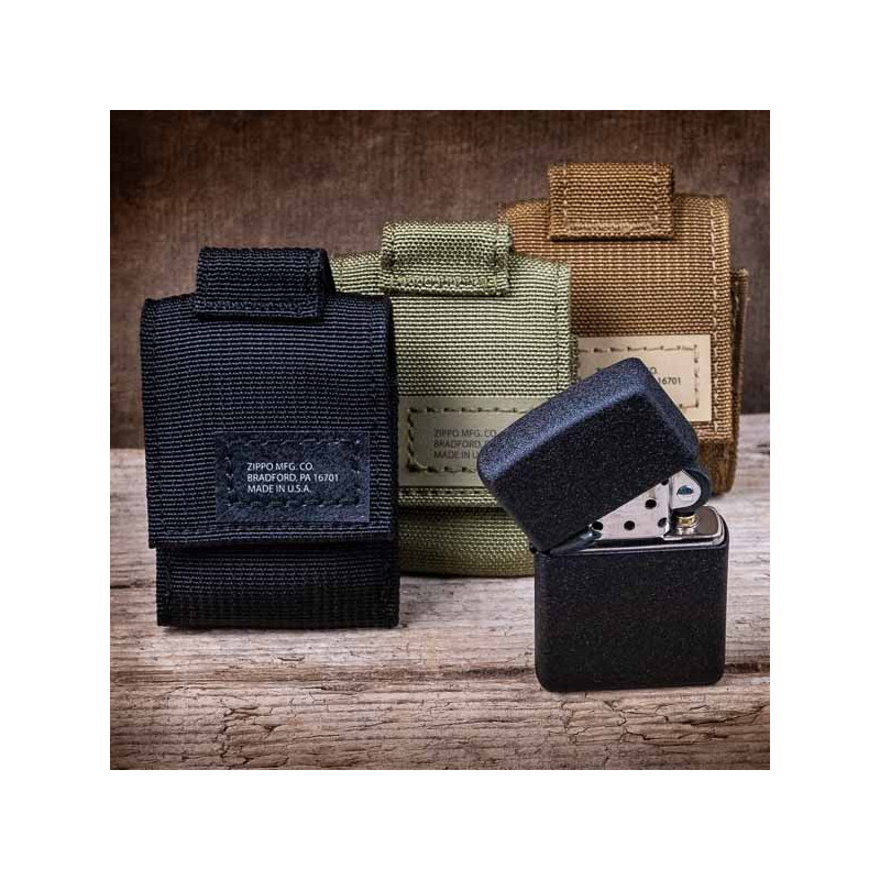 Black Molle pouch and black Crackle Zippo made in usa