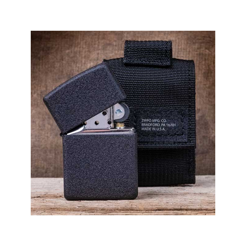 Black Molle pouch and black Crackle Zippo made in usa