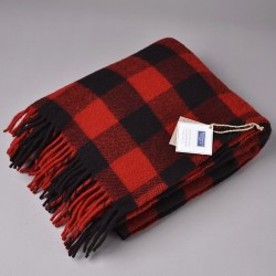 Buffalo Plaid Fringe Wool Throw - Heather Red/Black