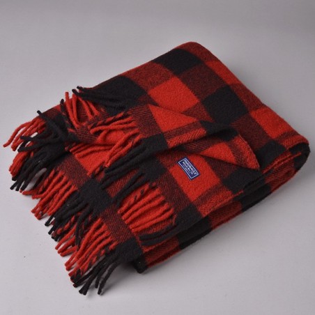 Buffalo Plaid Fringe Wool Throw - Heather Red/Black