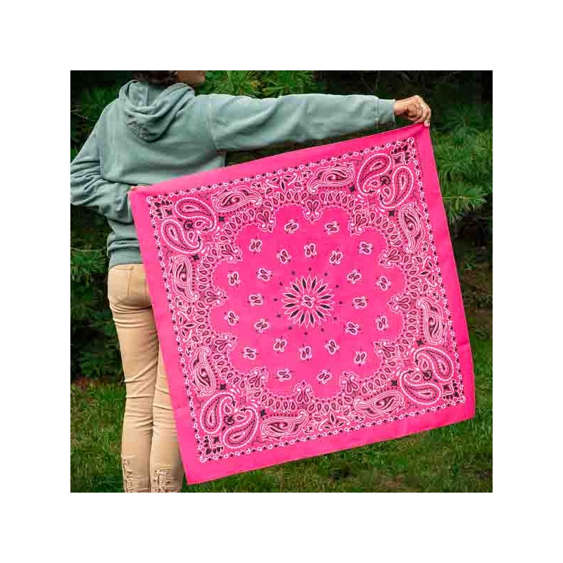 A XXL Hot Pink bandana with a traditional black pattern MADE IN USA