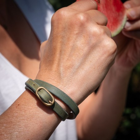 blue green leather bracelet with oval buckle by KIKA NY made in USA