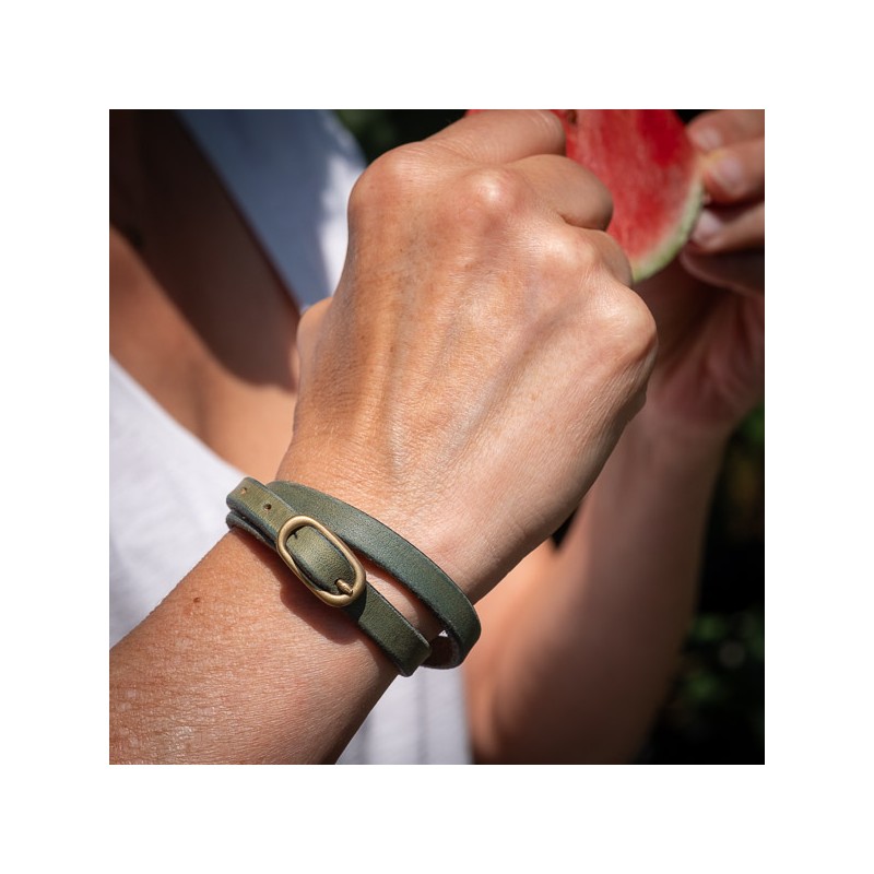 blue green leather bracelet with oval buckle by KIKA NY made in USA