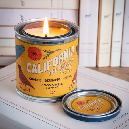 California Scented candle in a metal tin