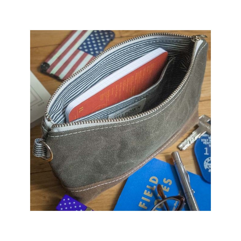 WAXED CANVAS UTILITY ZIPPER POUCH SLATE 9"x5.5"x 2"
