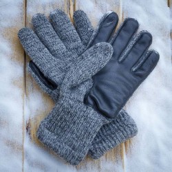 GANTS LAINE Gris chiné & CUIR NOIR made in USA