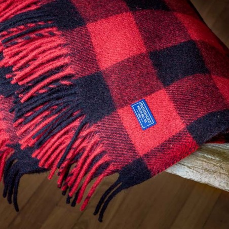 Buffalo Plaid Fringe Wool Throw - Heather Red/Black