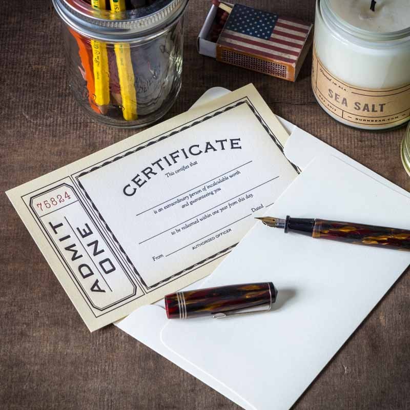 ADMIT ONE CERTIFICATE CARD Made in USA