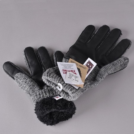 GANTS LAINE Gris chiné & CUIR NOIR made in USA