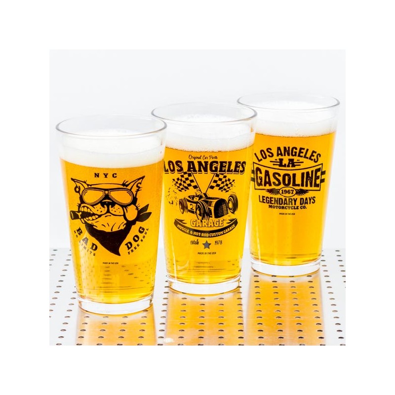 Trio of garage beer Pint glasses Made in USA
